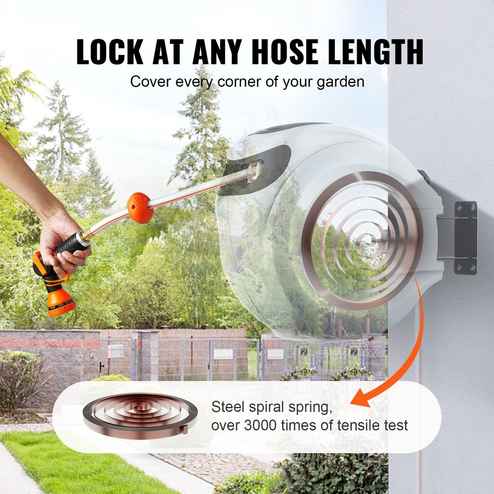Wall Mount Retractable Garden Hose Reel with 9-Pattern Nozzle, Auto Rewind Lock