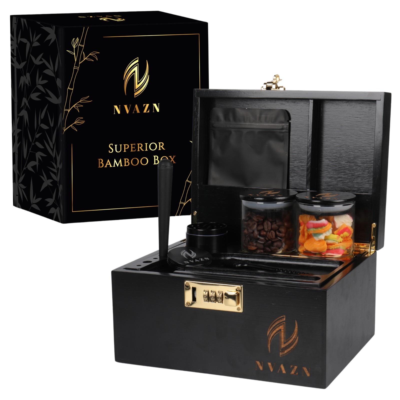 Stash Box Large - Smell Proof Bamboo Box with Rolling Tray - Storage Wood Box