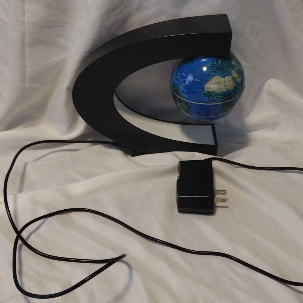 Modern Levitating LED Globe Black Blue Glossy Freestanding Plug-In Power