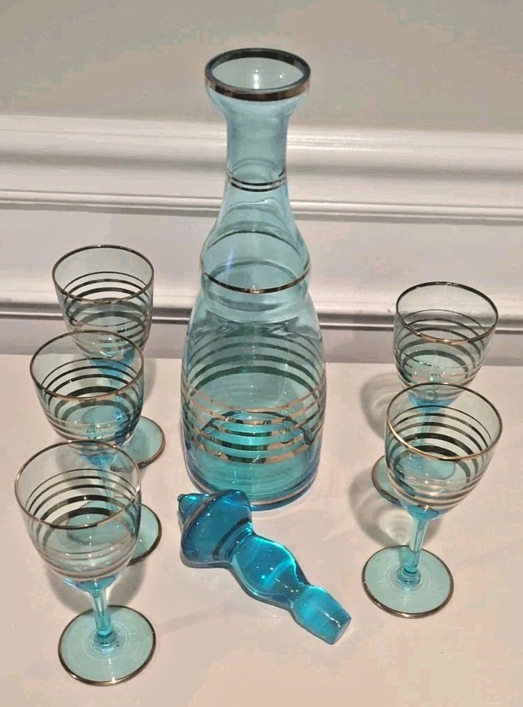 MCM Vintage Teal Blue & Gold Romanian Glass Decanter 4 Cordial Glasses 7 pc Set