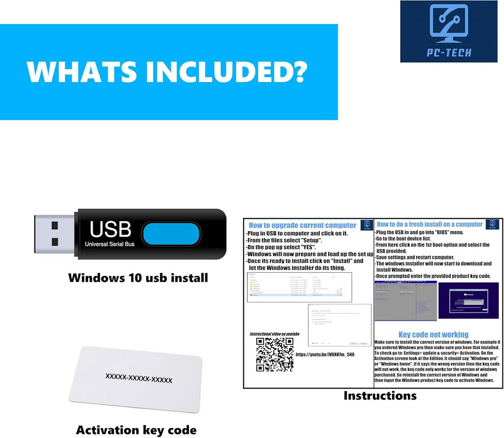 PC-TECH Compatible with Windows 10 Professional 64 Bit USB with Key. Factory Fre