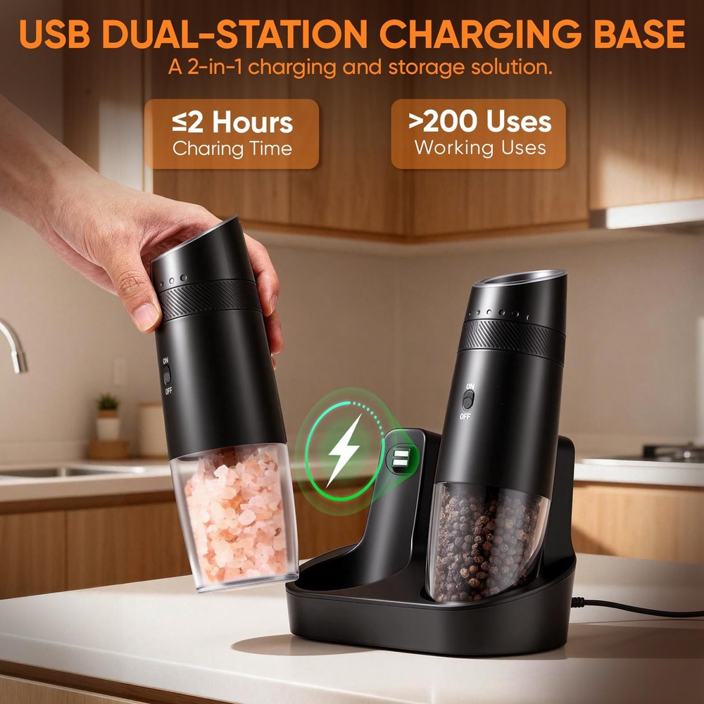 Salt and Pepper Grinder Set Rechargeable with Charging Base, Automatic Shaker...