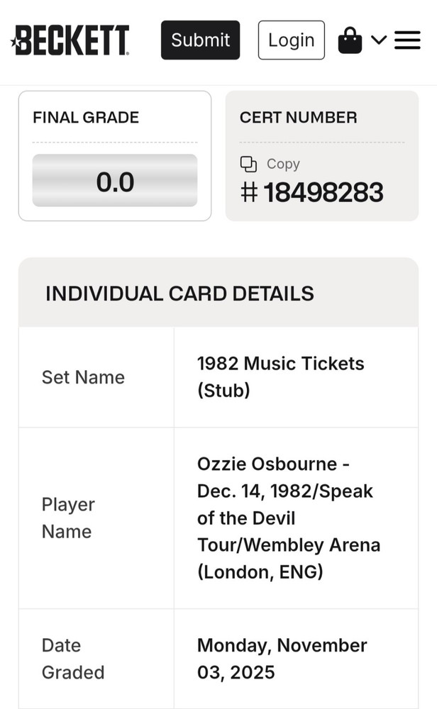 Ozzy Osbourne London Wembley 12/14/1982 Speak Of Devil Tour Ticket Beckett BAS