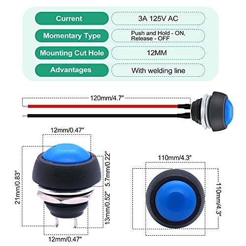 /6Pcs 12mm Momentary Push Button Switch 1/2" Mounting Hole On Off Mini Blue