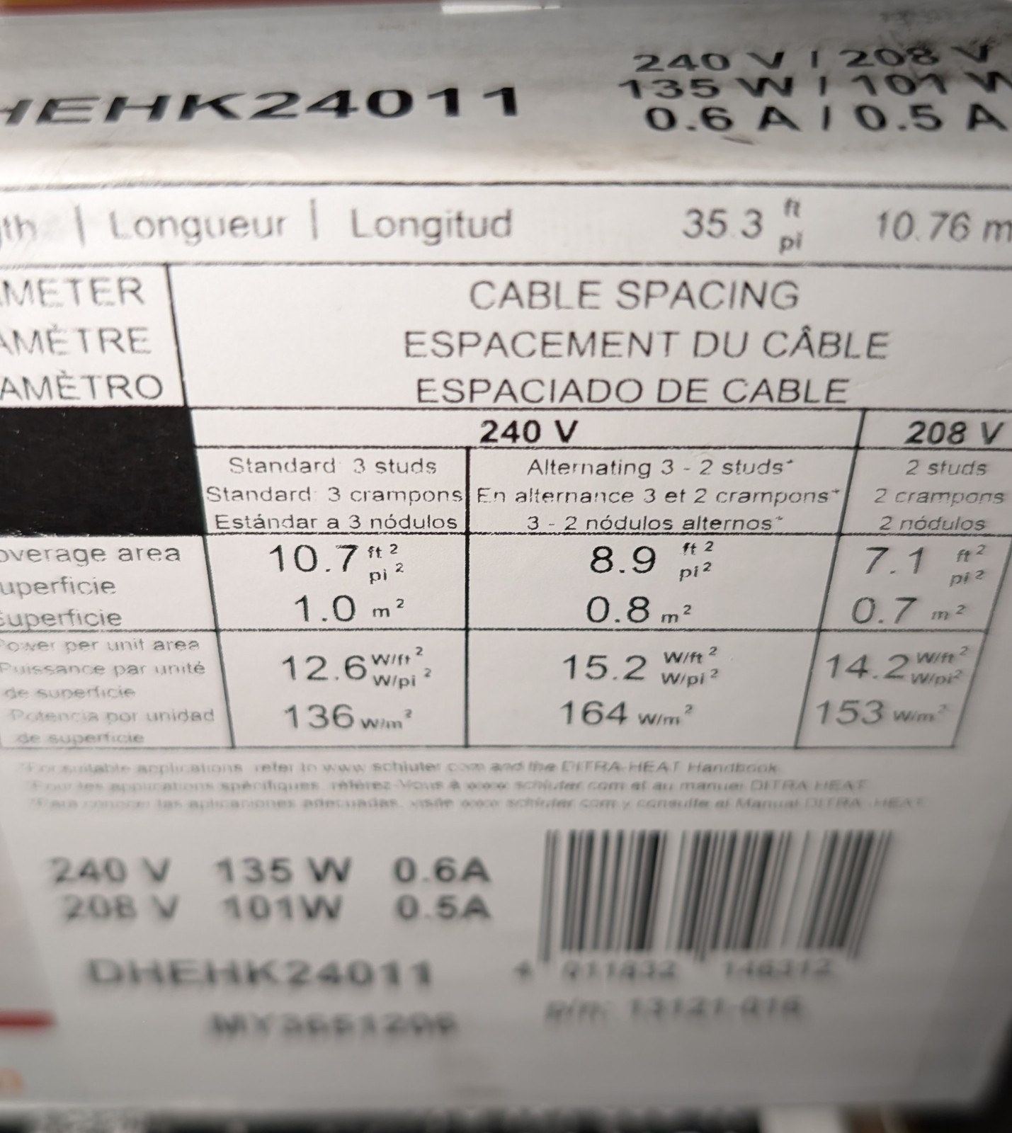 Schluter DITRA-HEAT DHEHK24011 Floor Heating Cable 240V 35.3 Ft- (10.7 Sqft)