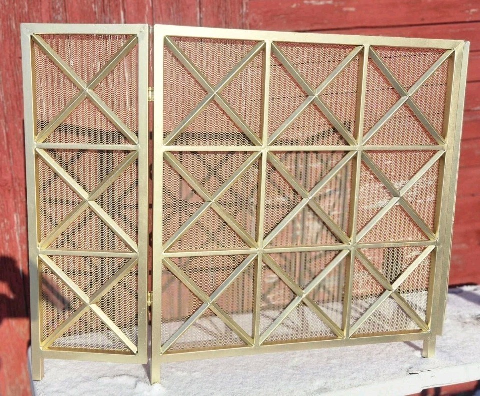 3 Panel Gold Iron Fireplace Screen Modern Lattice Mesh Folding Hearth Guard
