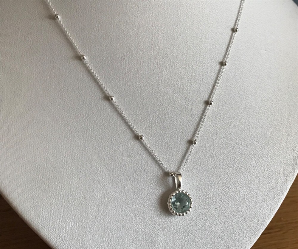Blue topaz round pendant stud earrings set solid Sterling silver satellite chain
