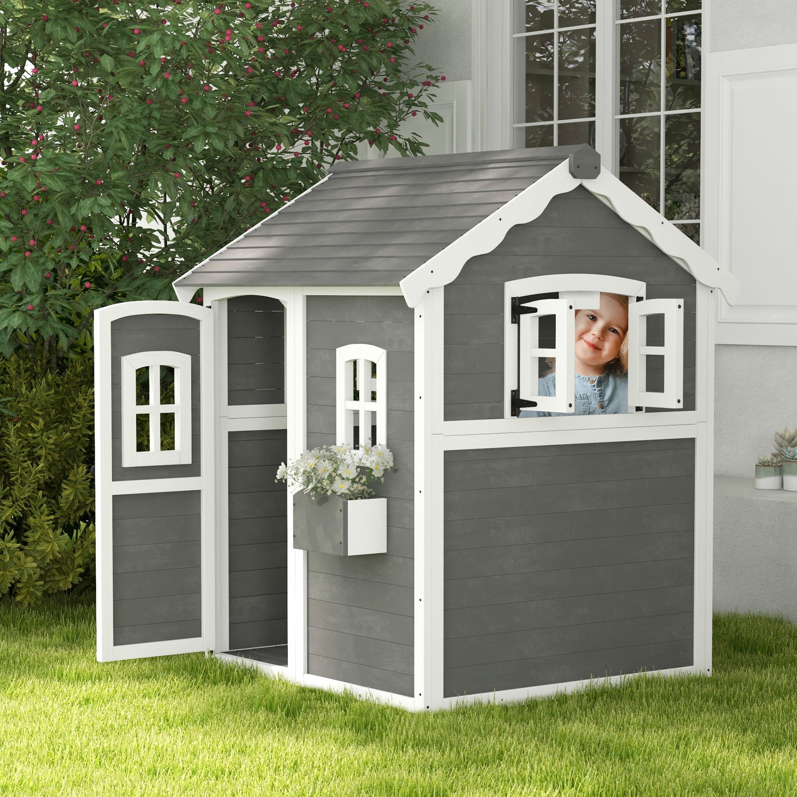 Outdoor Wooden Kids Playhouse with Floor – Backyard Garden Play House Ages 3–8