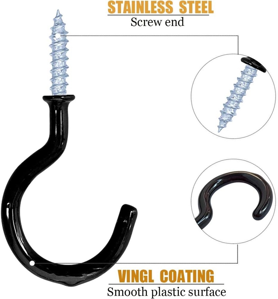 yuntop 12 Pack Vinyl Coated Ceiling Hooks, Multi-Function 1-1/4 Inch, Black