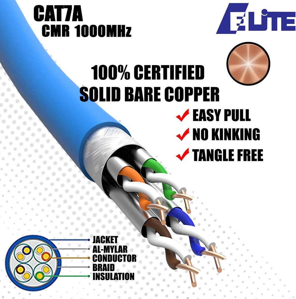 Premium CAT.7A 23AWG Solid Copper Shielded Riser CMR Ethernet Cable 100ft CAT7
