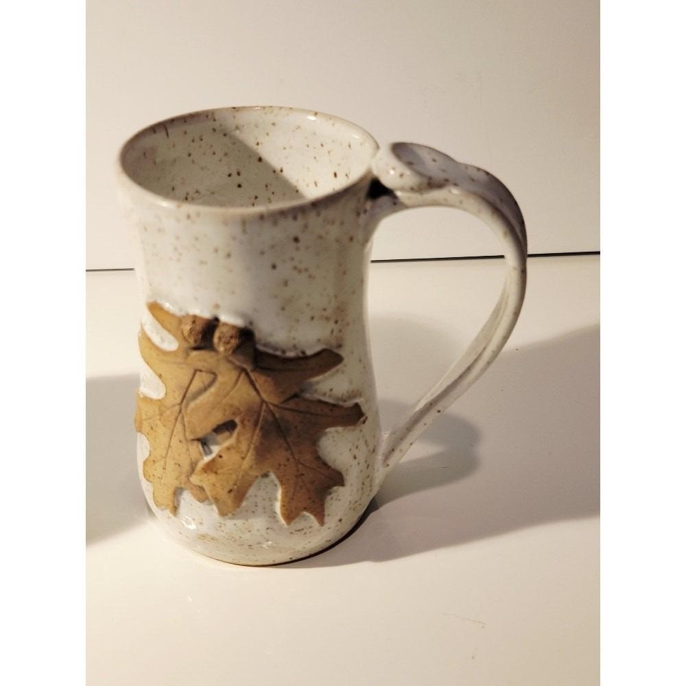 Studio Pottery Leaf Mug & Bud Vase Signed PRP Beige Speckle