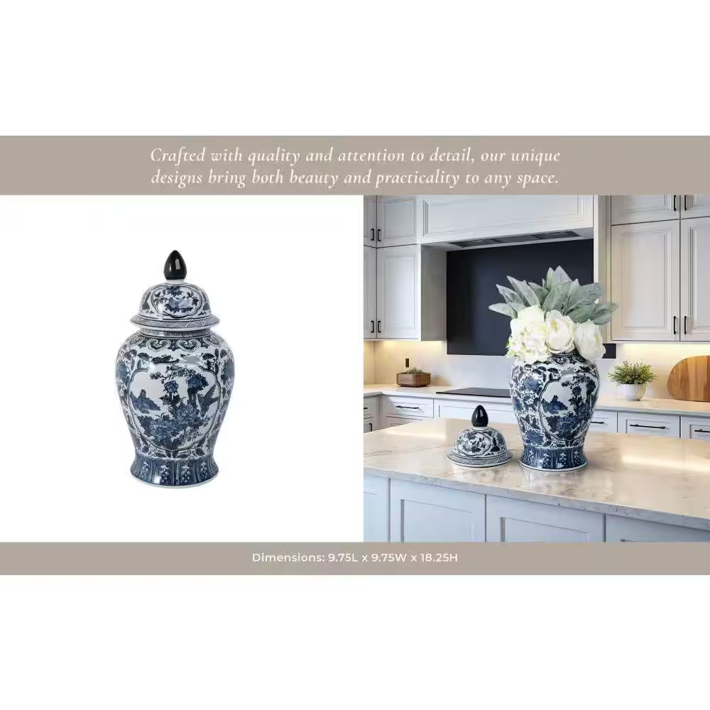 18.25 In. Blue Ceramic Chinoiserie Floral Decorative Jar