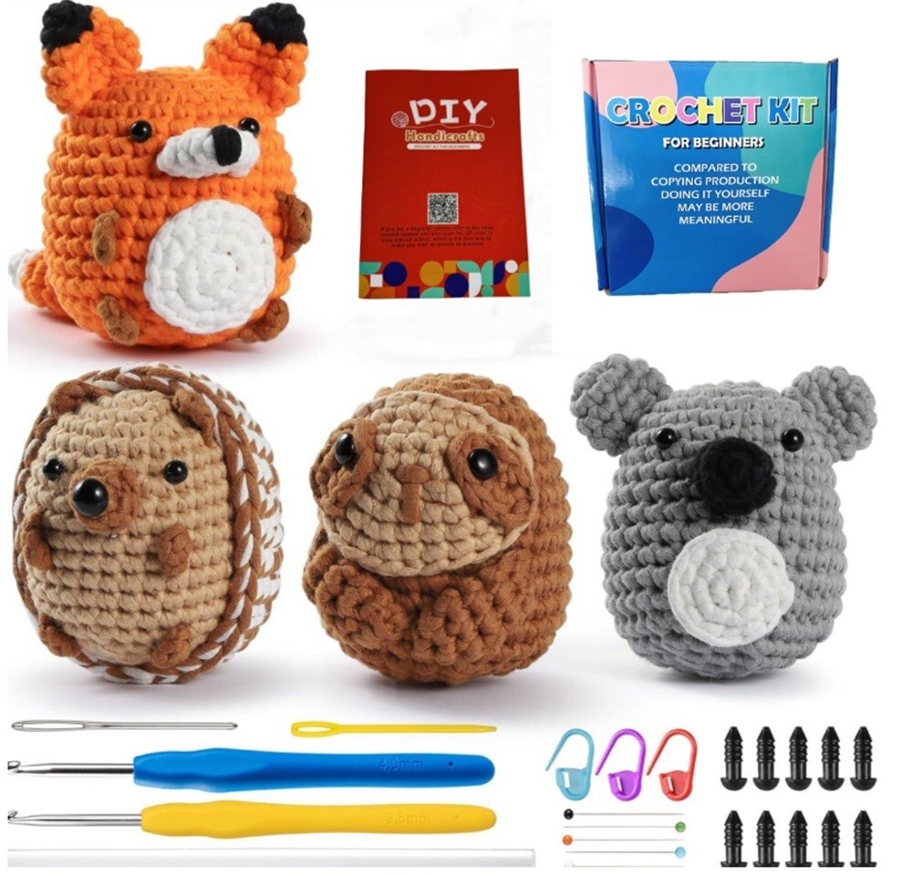 Beginner Crochet Kit 4-Pack DIY Animal Set w/ Yarn Hook & Video Tutorials Gift