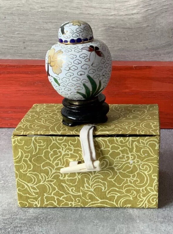 Miniature Chinese Cloisonné Lidded Ginger Jar With Stand and Original Box VTG