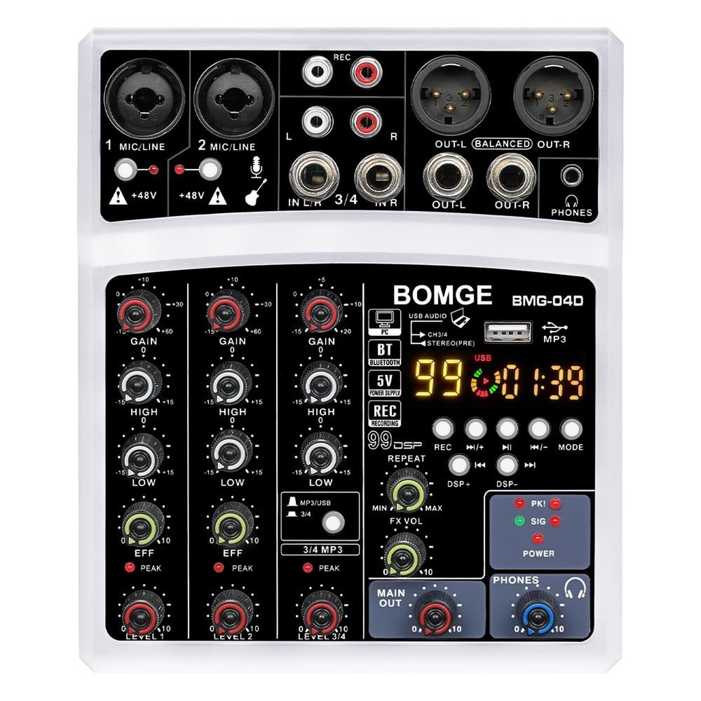 BOMGE 4 Channel dj Bluetooth Audio Mini Mixer with 99DSP Processor, USB Inter...