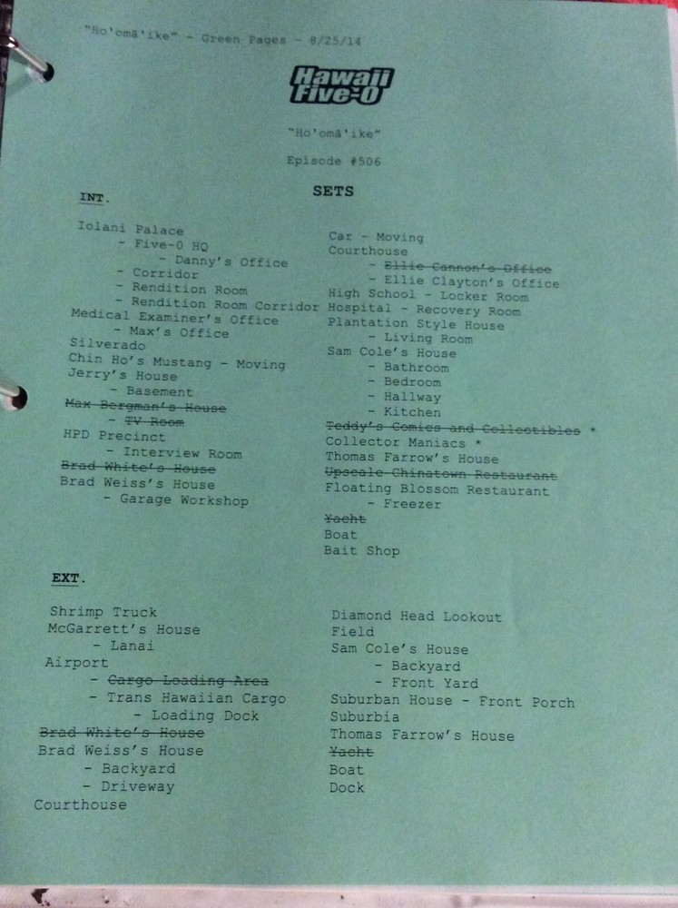 HAWAII FIVE-O ORIGINAL SCRIPT 506 NOTES SCHEDULE + 2014 HO' OMA IKE