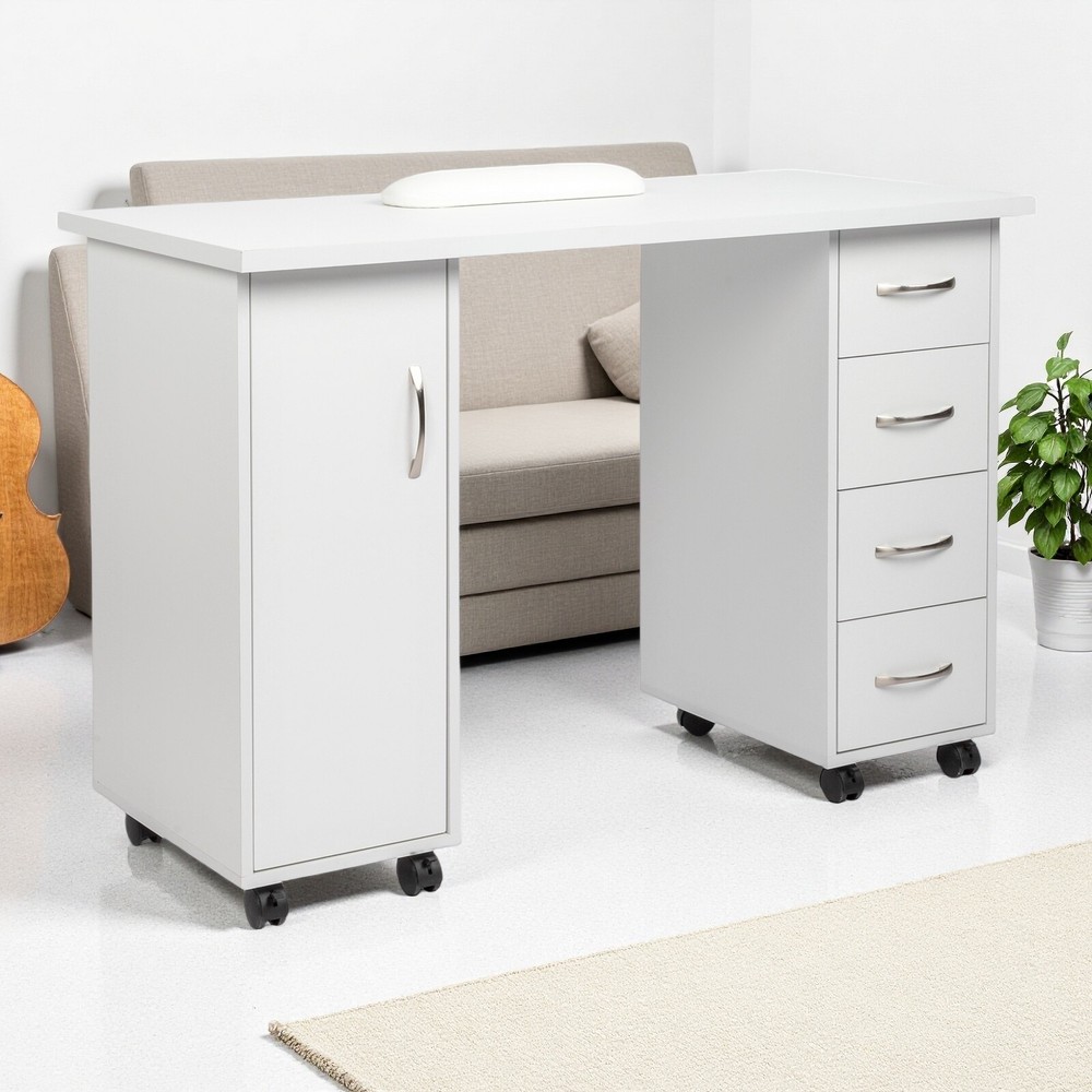 Rolling Computer Desk - White, 4-Drawer, Shelves Storage & MDF ​Nail Table​