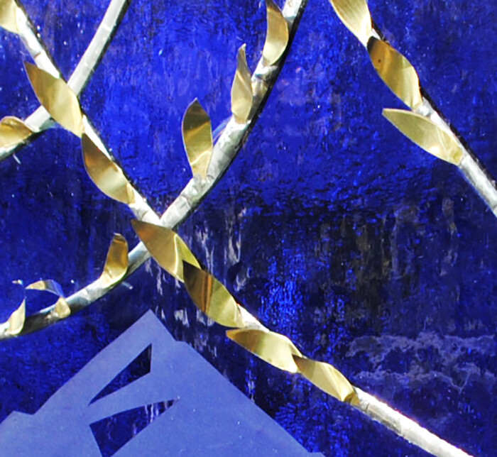 Stained Glass Window Panel two trees beveled blue mountain