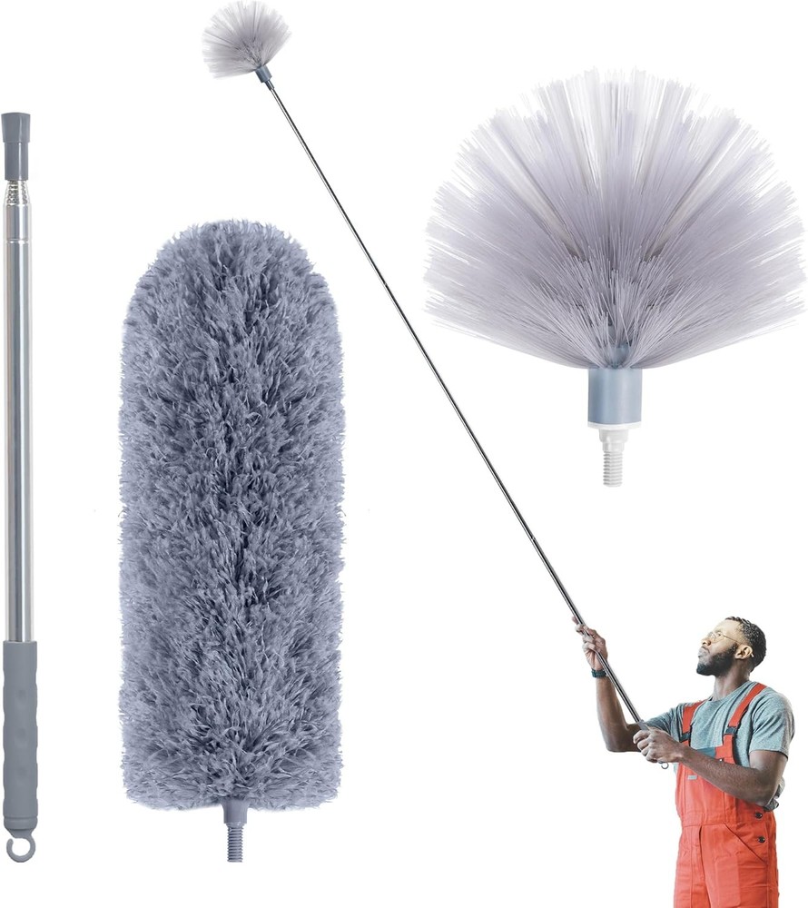 Duster W/ Extension Pole Cleaning 2 Microfiber Heads Kit 100" Long Feather