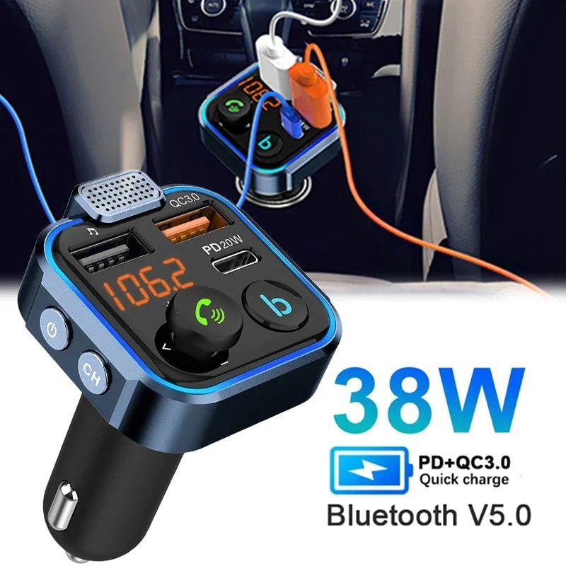 Bluetooth 5.0 Car Wireless FM Transmitter Adapter 2USB PD Charger AUX Hands-Free