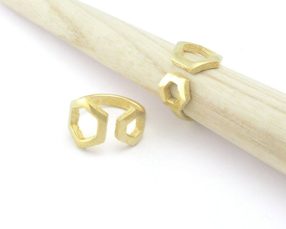 Hexagonal Frames Adjustable Ring Raw Brass (6US - 8US inner size) 4349