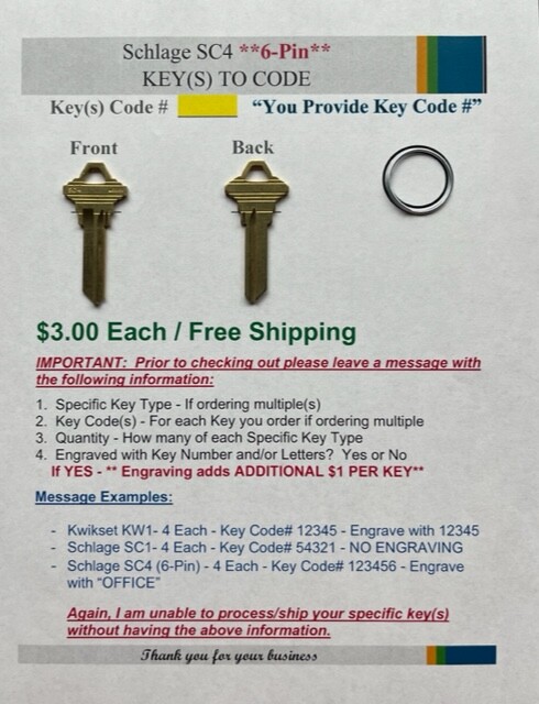 Kwikset Schlage American Yale - Keys Cut to Code - Computerized Cut - 4 Total
