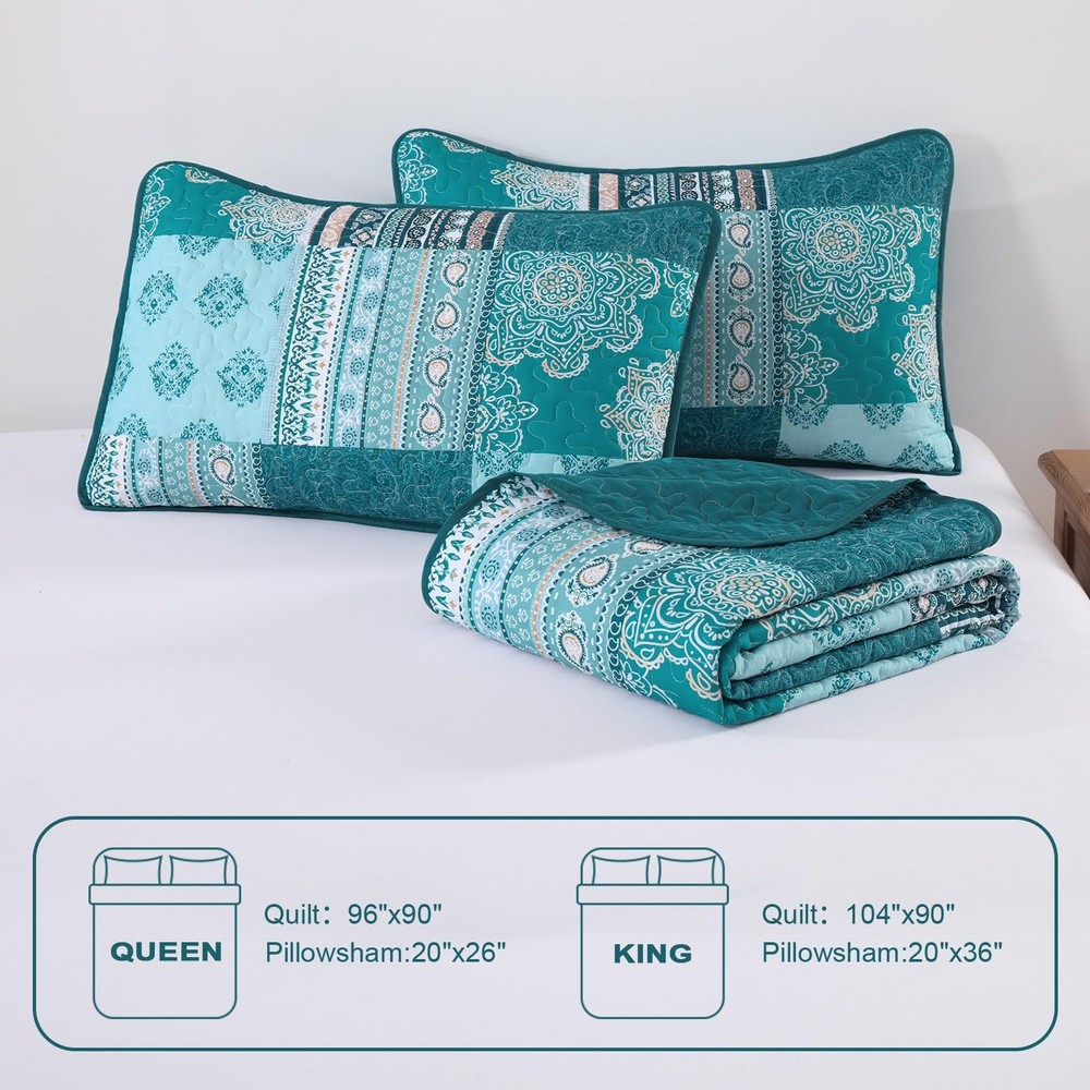 Dintszyayue Teal Patchwork Quilt Set King Size,3 Pieces Turquoise Boho Bedspread