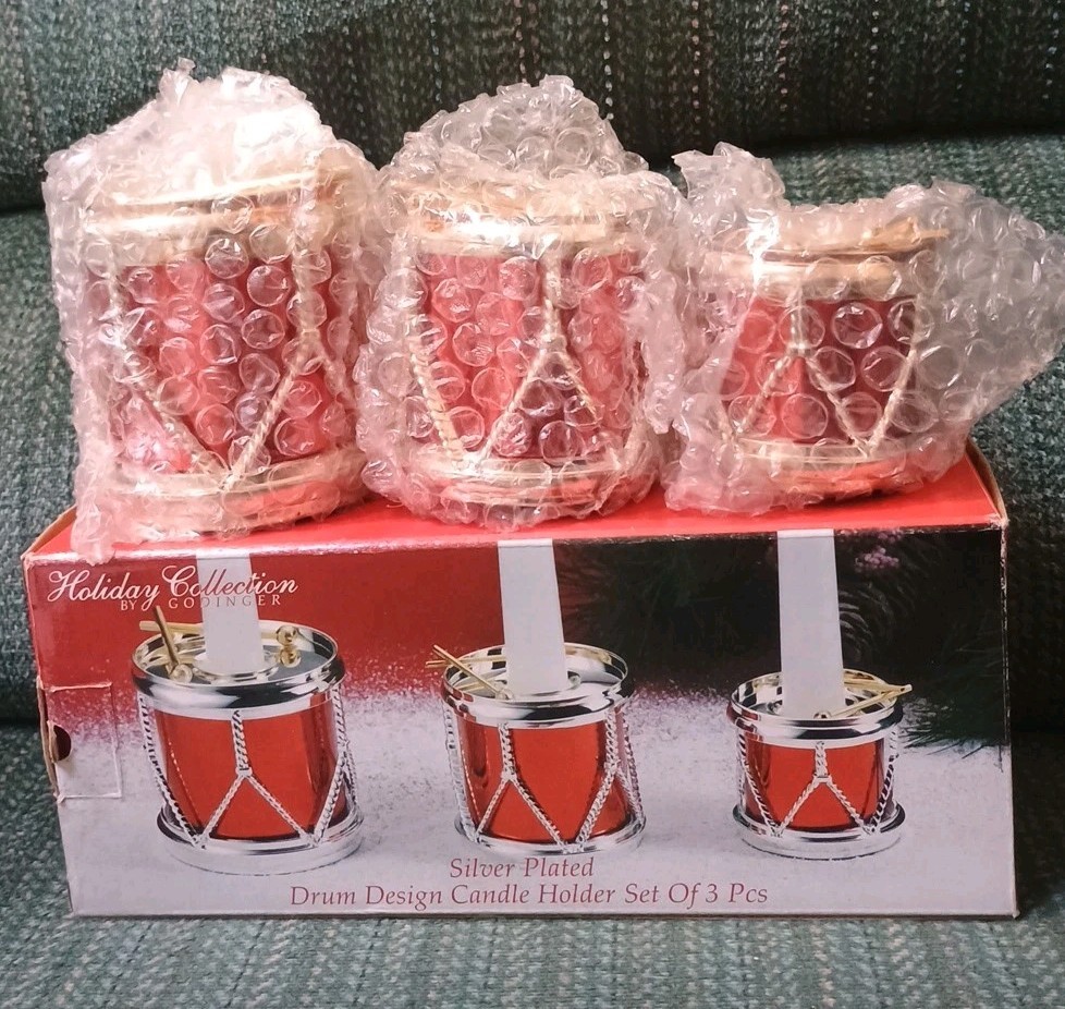 Holiday Collections Silver Plated Drum Candle Holders by Godinger (NOB)