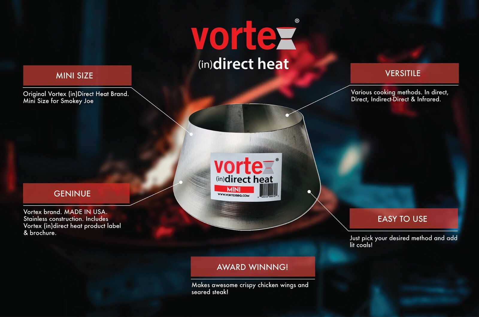 Mini BBQ Vortex™ BBQ (in)direct cooking Charcoal grill accessory - GENUINE USA