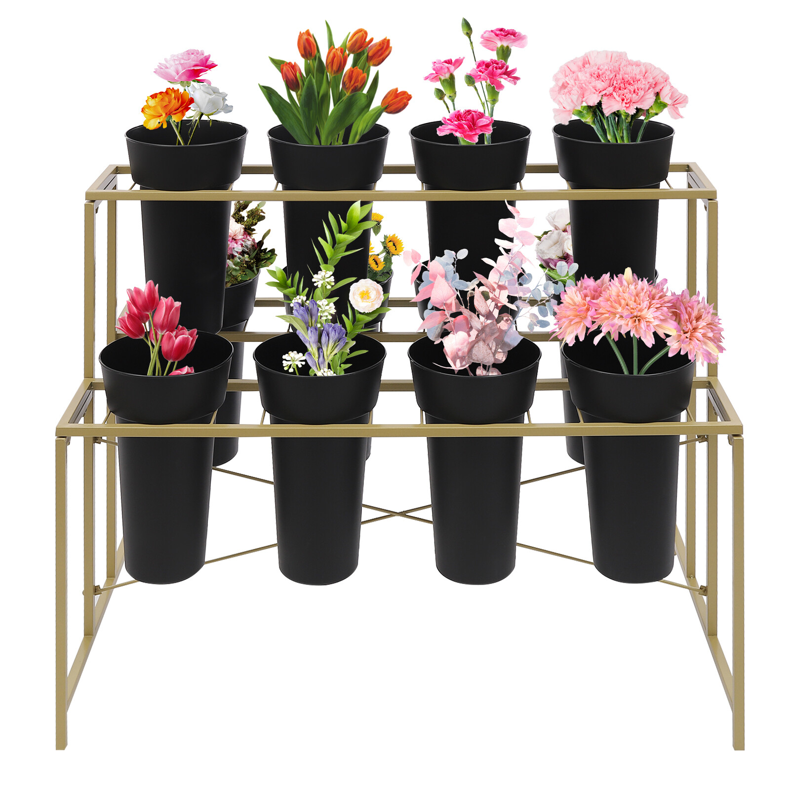 Flower Display Stand with 12 Pcs Buckets, 3 Tier Metal Stand, Indoor & Outdoor