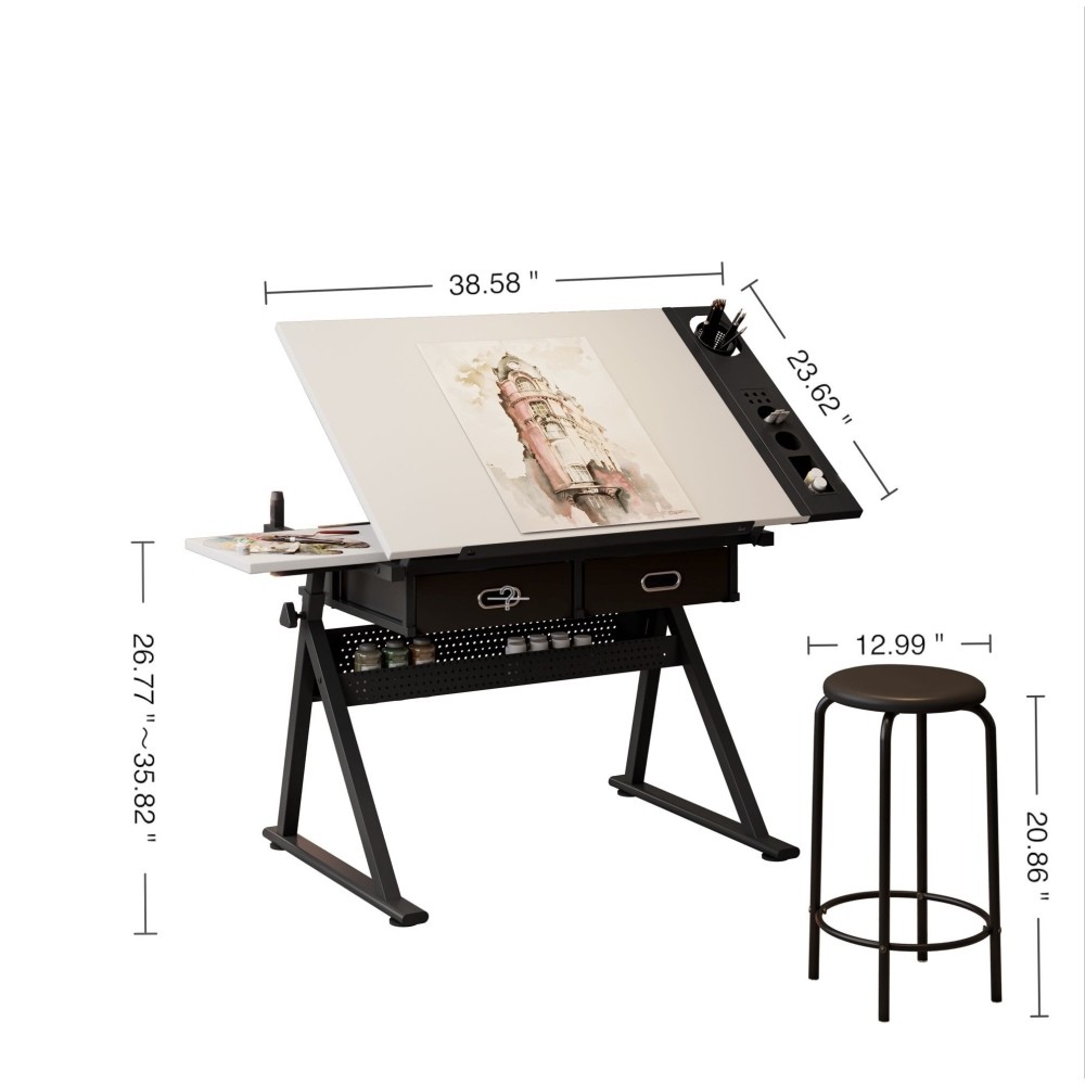 Art Drawing Desk Set - Adjustable Table & Stool - 2 Drawers，Tilting Top