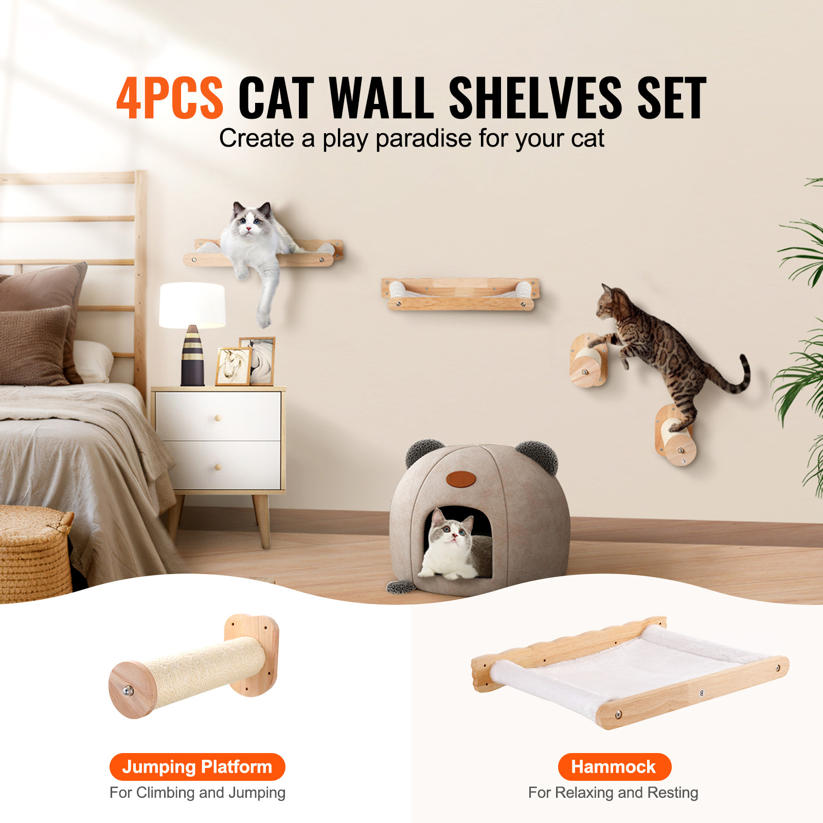 Wall Mounted Cat Shelves with 2 Jumping Posts & 2 Hammocks up to 40 lbs