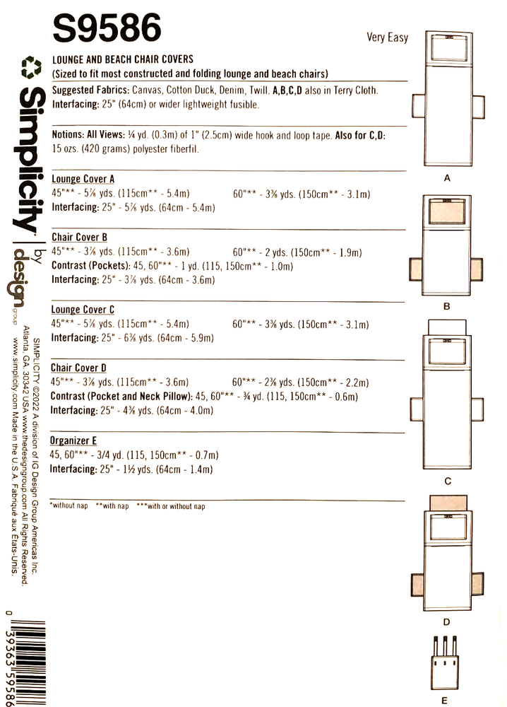 Simplicity 9586 Lounge and Beach Chair Covers Sewing Pattern