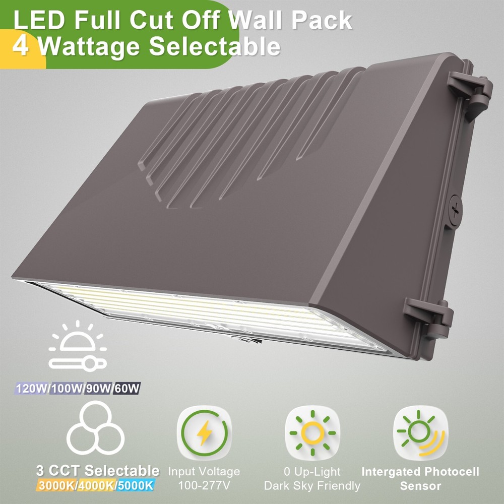 Full Cut Off LED Wall Pack Light with Photocell Sensor Wattage & CCT Selectable