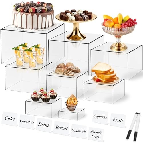 8 Pcs Clear Acrylic Display Boxes & Risers Set, Food & Decor Stands, 3"-8