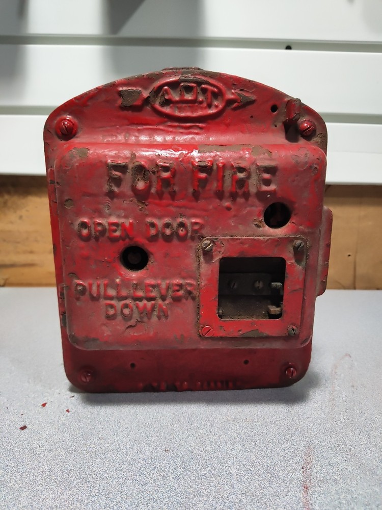 Antique ADT FIRE ALARM BOX Solid Cast Iron Red . FIRE ALARM PULL BOX VERY RARE