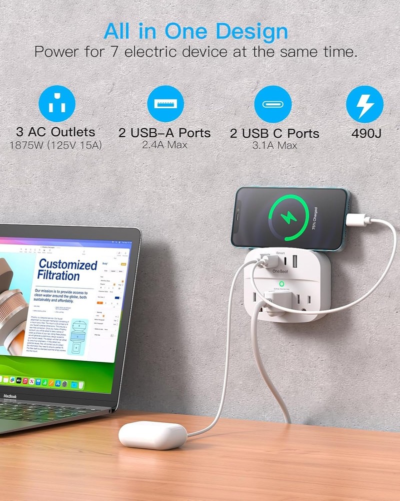 2 Pack Multi Plug Outlet Splitter with USB, Surge Protector, 490 J