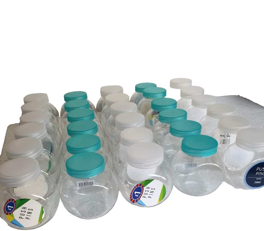 50 Small Clear Round EMPTY Plastic Bottles with lids Props Display ReUse
