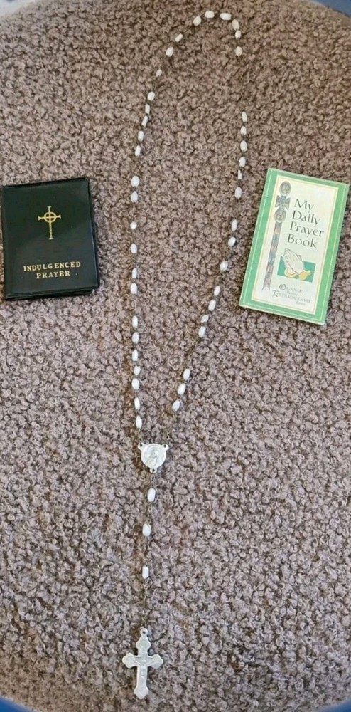 VTG Handmade Rosary INRI Crucifix Silver Tone White Beads Italy *Missing Beads*