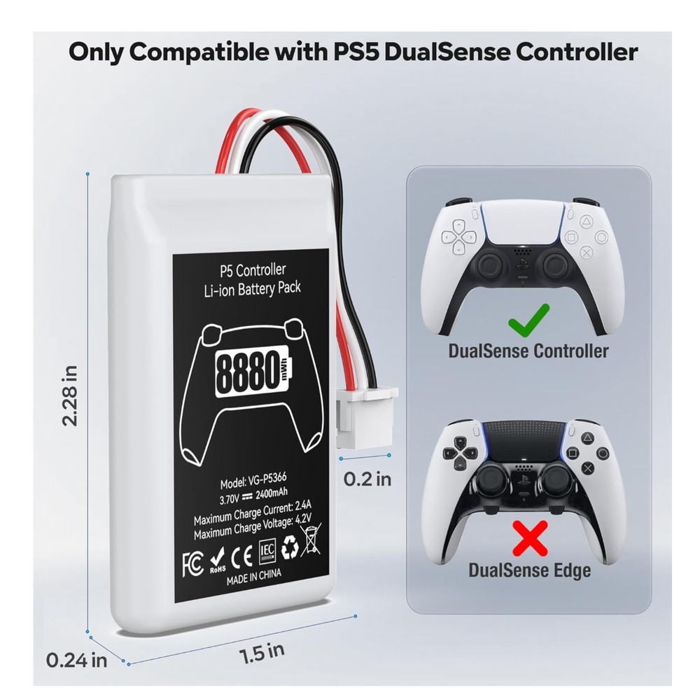 2 Pack PS5 Controller Battery Replacement 8880mWh High Capacity Rechargeable