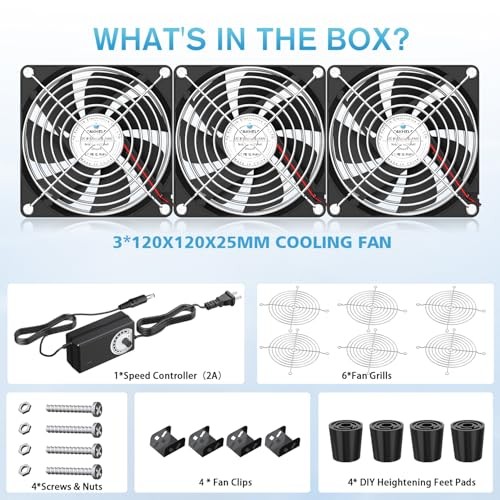 3X120mm Computer Fans with AC Plug & Speed Controller - 12V DC Cooling 3x120mm