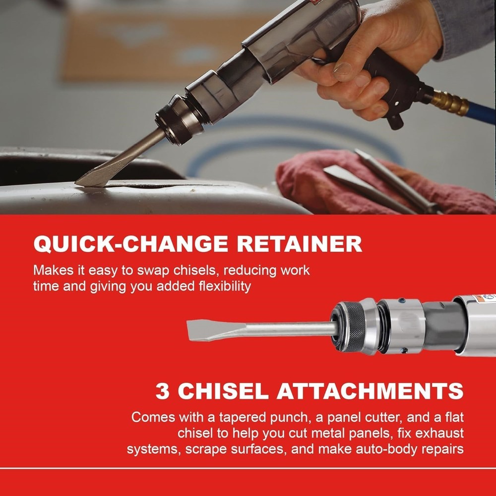 Air Hammer 3-PC Chisel Set – Tapered Punch, Panel Cutter, Flat Chisel, 3500 BPM,