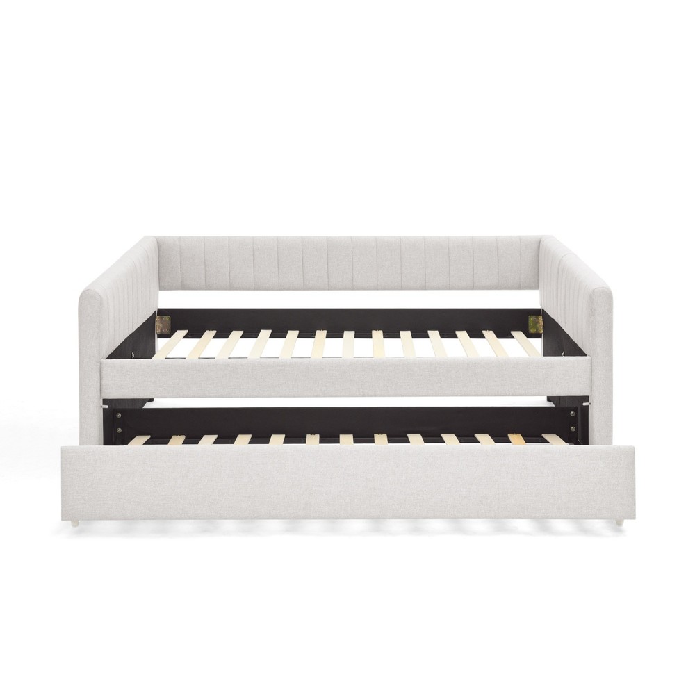 Full Daybed Modern Linen Upholstered Bed Frame Sofa Bed with Pull-Out Trundle