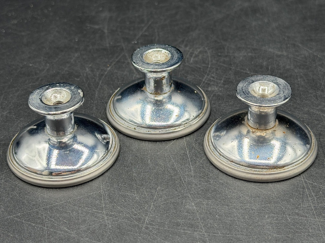 3 Vintage Chrome Concave Round Pull Knobs w/ Matching Backplates & Screws.