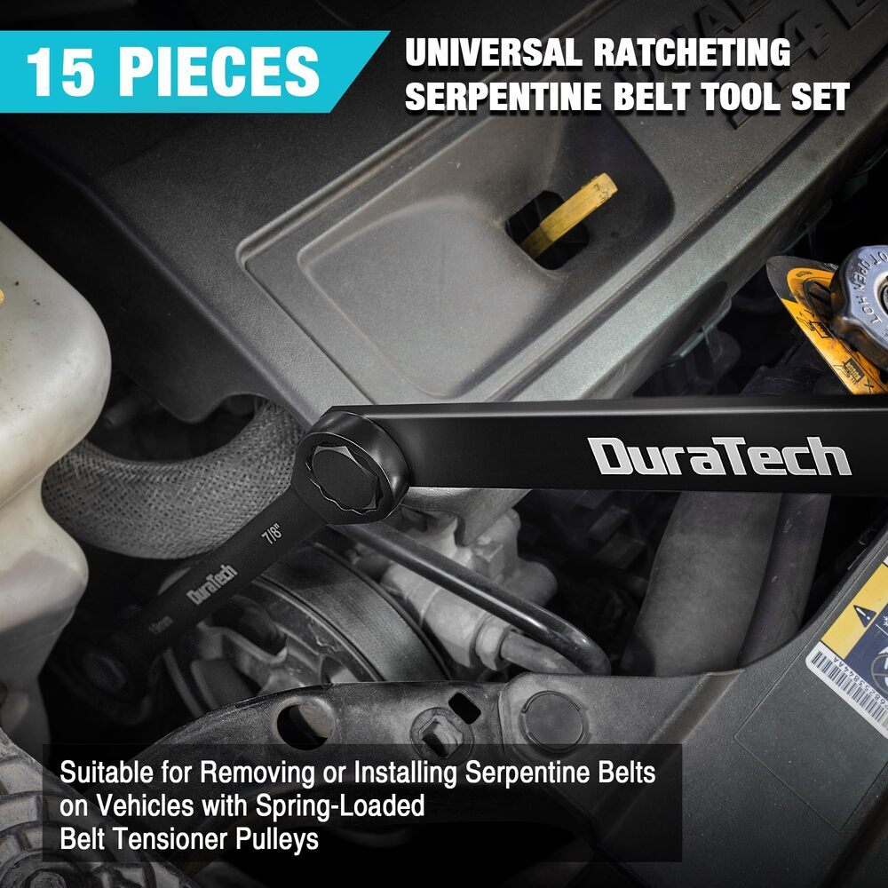 DURATECH Universal Ratcheting Serpentine Belt Tool Set 15PCS Belt Tensioner Tool