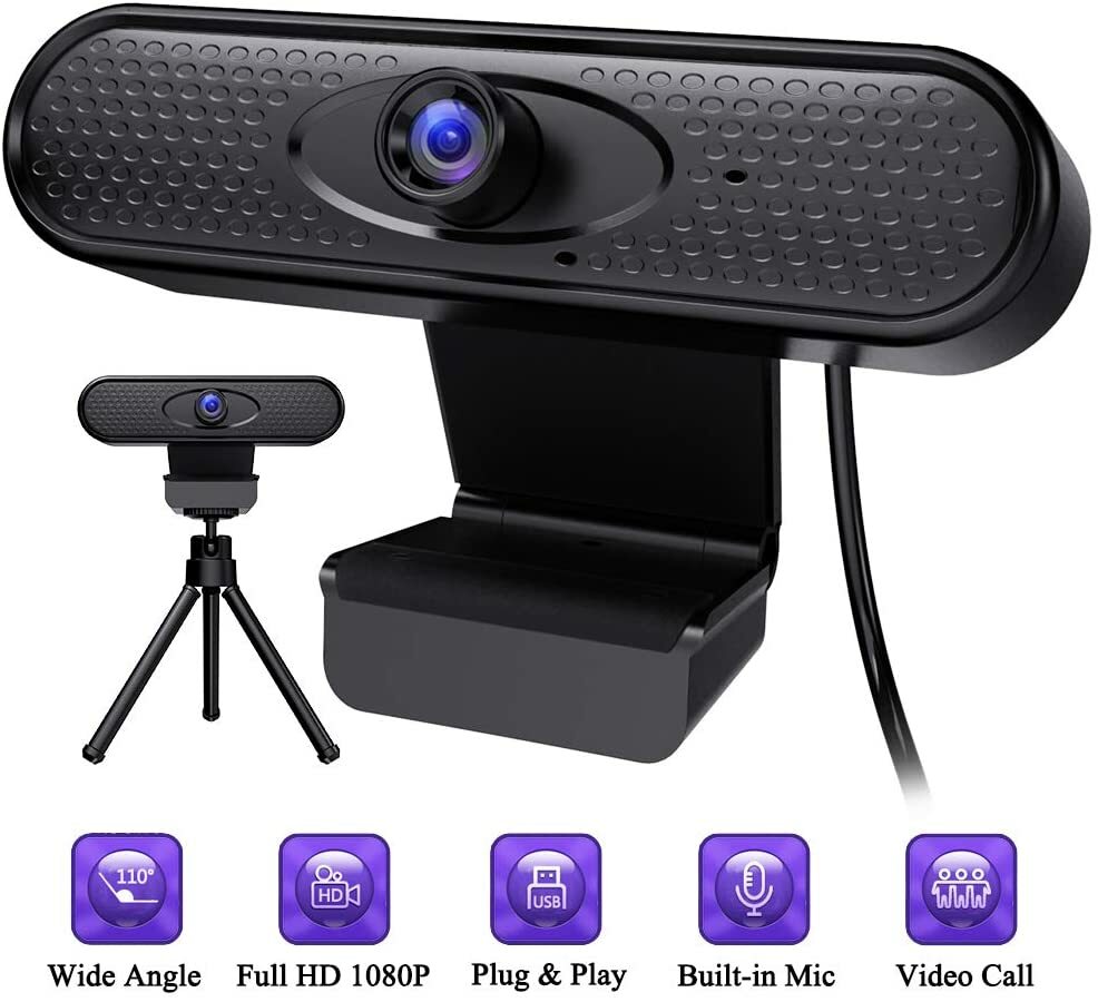 Webcam with Microphone 1080P HD Web Camera with Tripod & Privacy Cover, 90° Adju