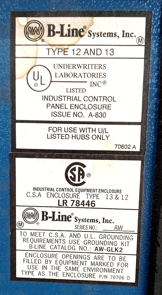 B-LINE LR78446 TYPE 12 & 13 ELECTRICAL ENCLOSURE