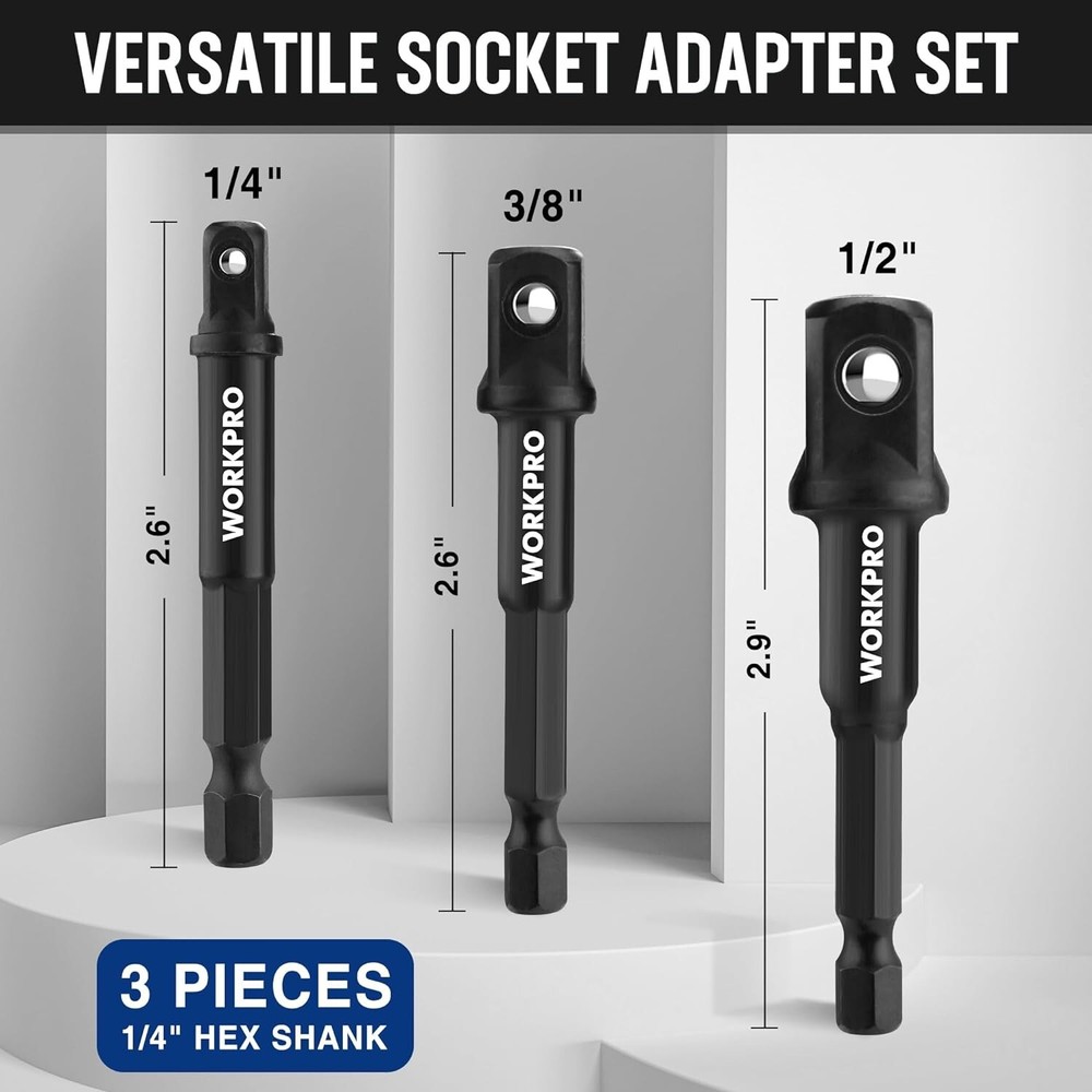 WORKPRO 7Pieces Impact Socket Adapter Set W/3PC 1/4"Hex Shank Drill ExtensionSet