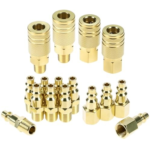 16 Pack 1/4" NPT Air Hose Fittings Kit, Solid Brass Quick Connect Compressor