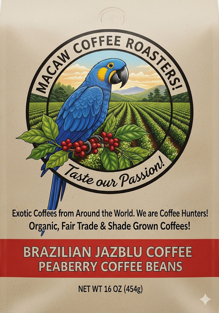 BRAZILIAN JAZBLU COFFEE PEABERRY BEANS MEDIUM ROASTED 2 or 5 IN 1 POUND BAGS